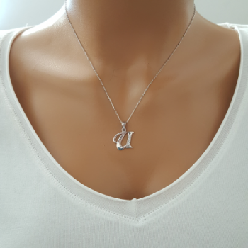 925 K Sterling Silver Personalized Letter  U Necklace